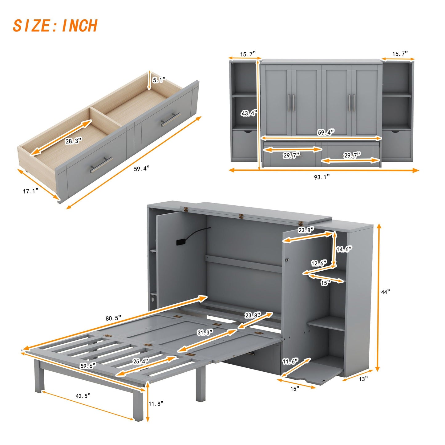 Murphy Bed With Shelves, Drawers And USB Ports