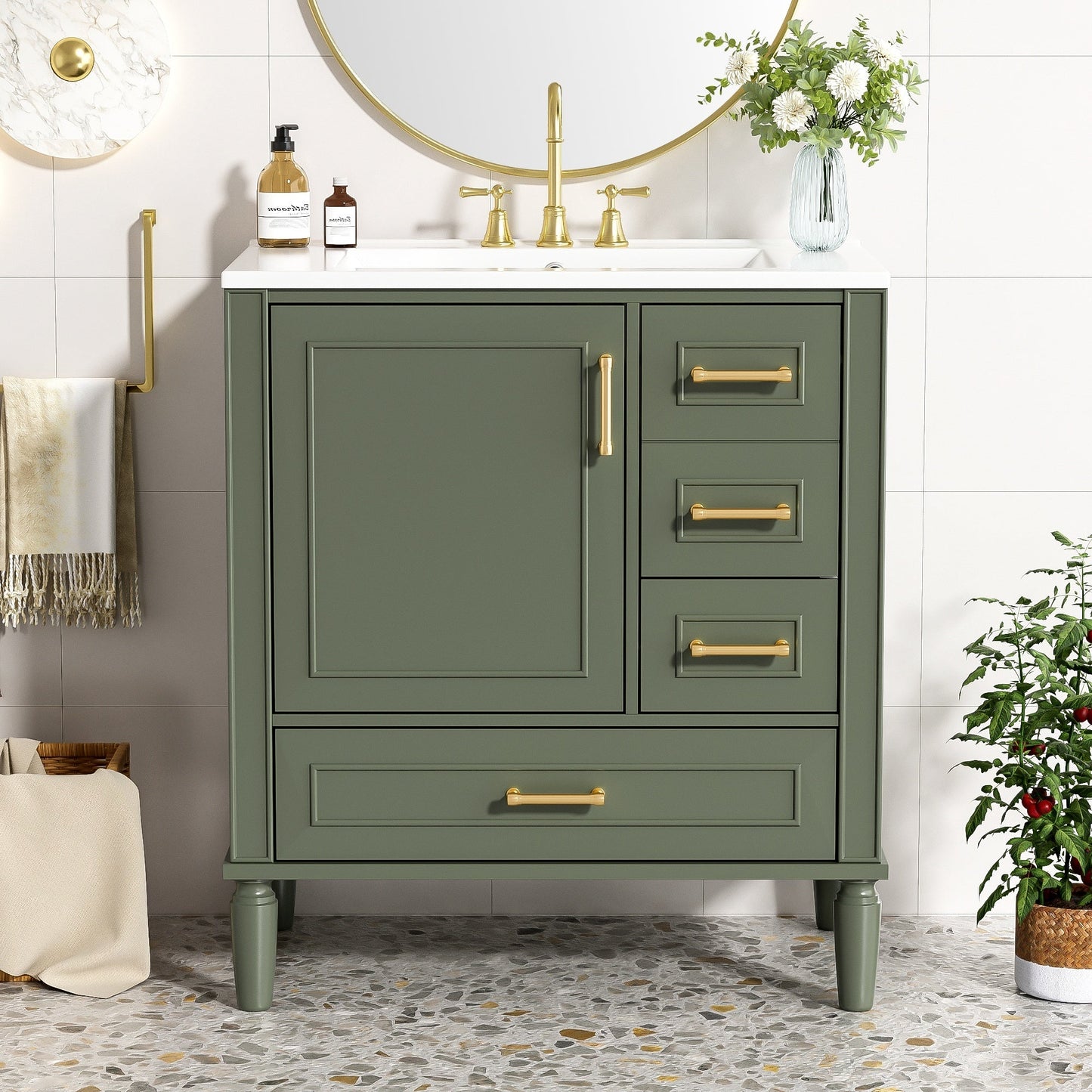 Elegant Olive Green 30' Bathroom Vanity with Ceramic Sink and Ample Storage, Solid Wood and MDF Construction