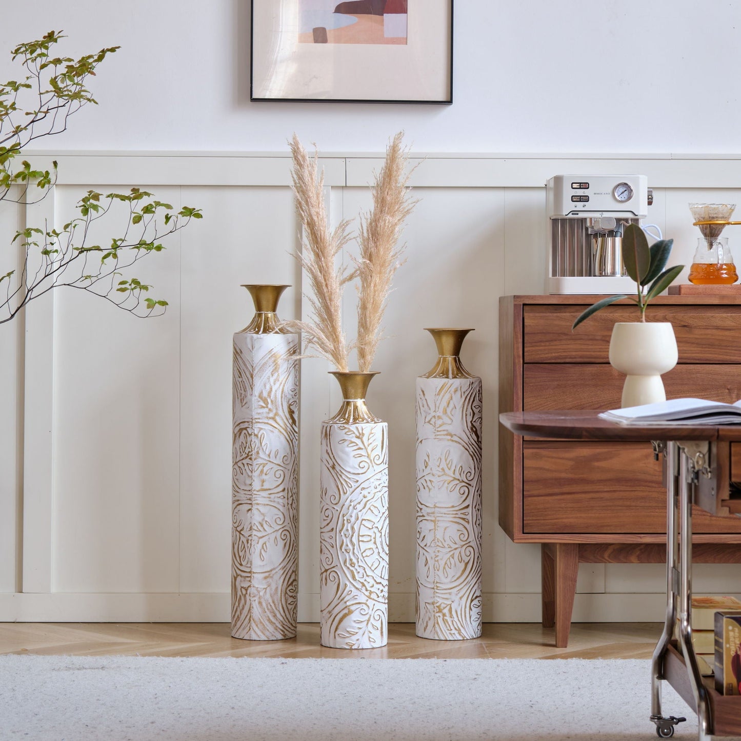 Floor Metal Vases Decorated Metal Vases (Set of 3) Gorgeous Home Decoration Large Glazed Metal Vases - White / Gold