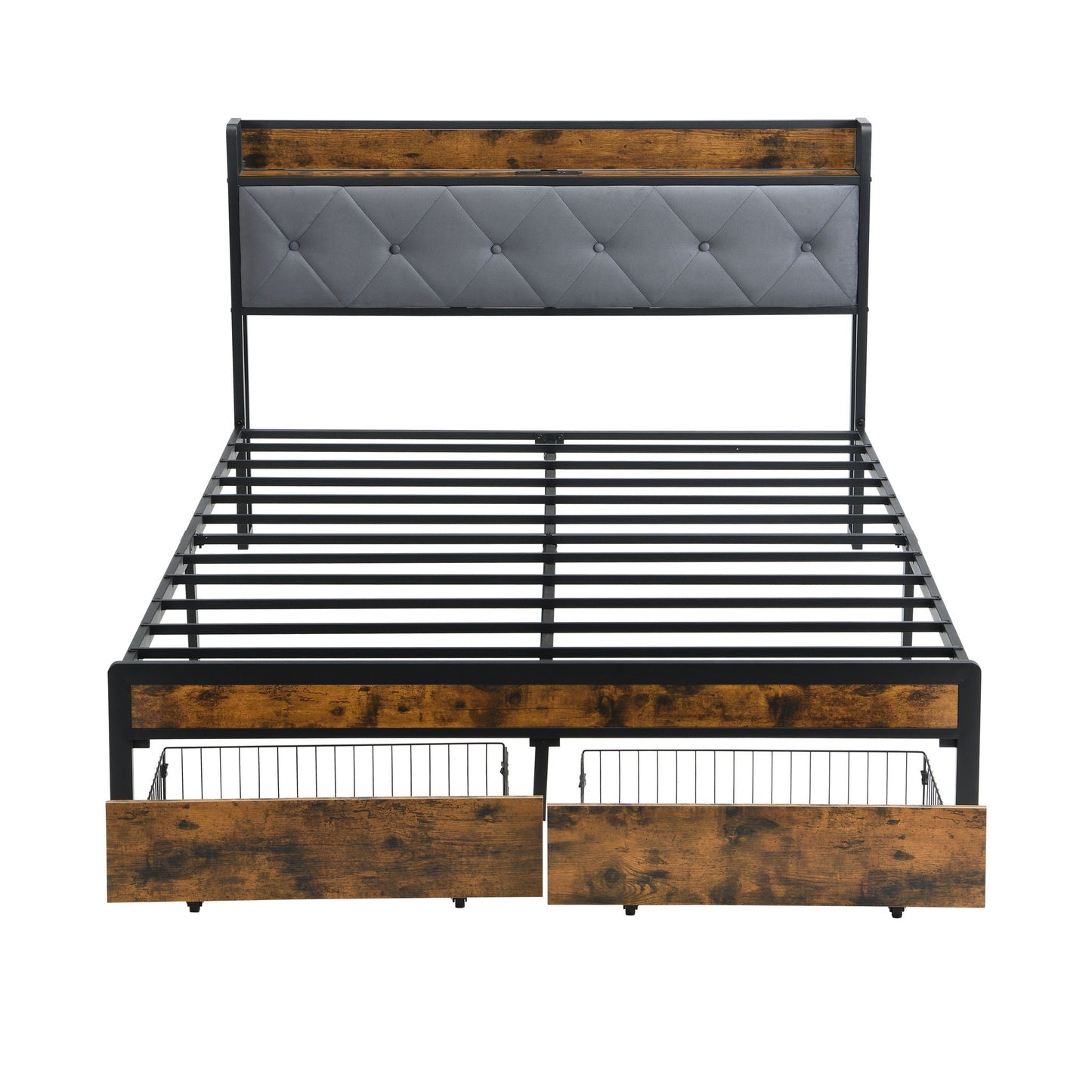 Modern Bed Frame With LED Lights, Upholstered Headboard, USB Charging