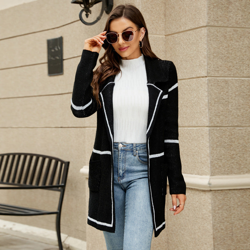 Long Sweater Contrast Houndstooth Knit Cardigan Trench Coat