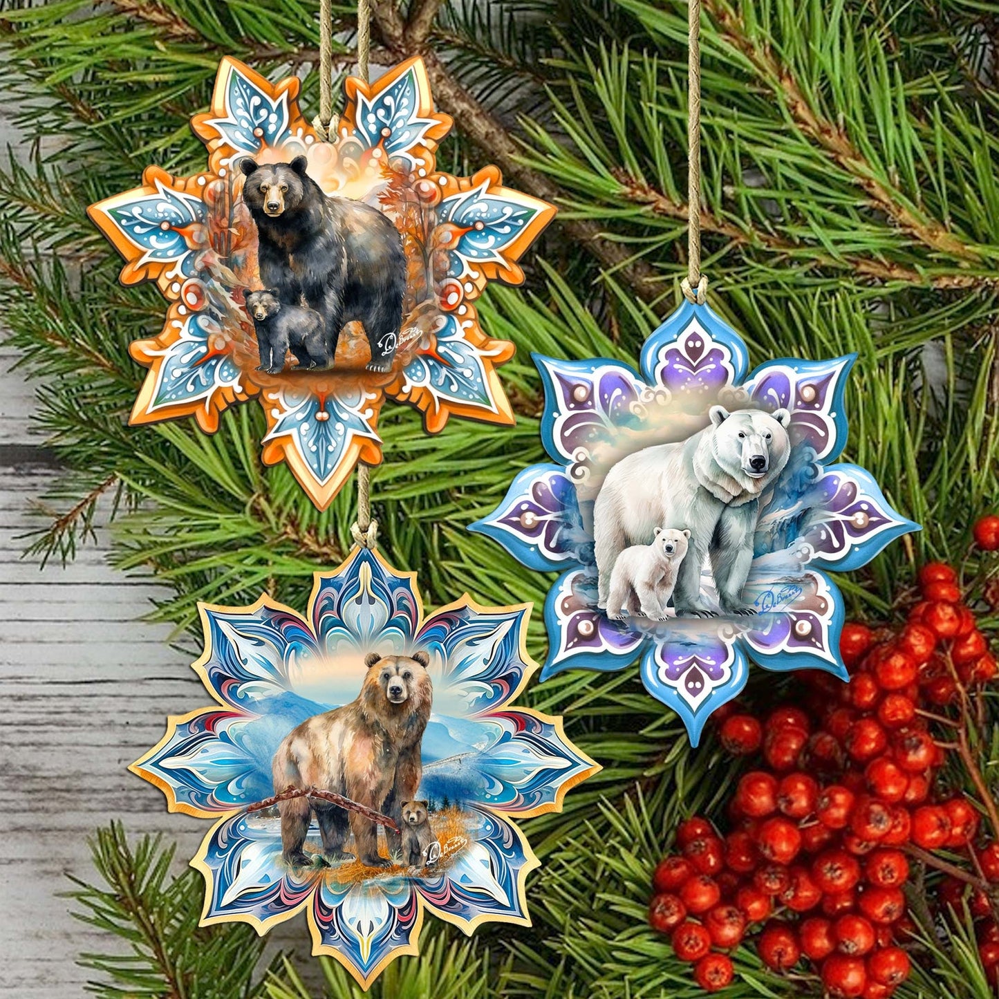 Bears Snowflake Eco Wood Ornaments Set of 3 by G. Debrekht - Nature Wildlife Decor - 8090143-S3