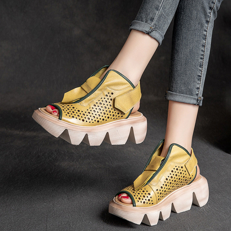 Top Layer Leather Velcro Hollow Sandals for Women
