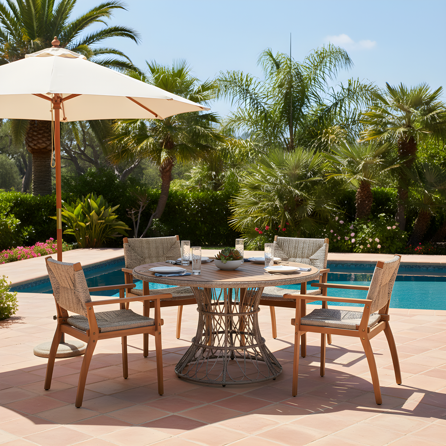 5-Piece Outdoor Dining Set: Brown Round Acacia Wood Table & 4 Brown Wicker Armchairs