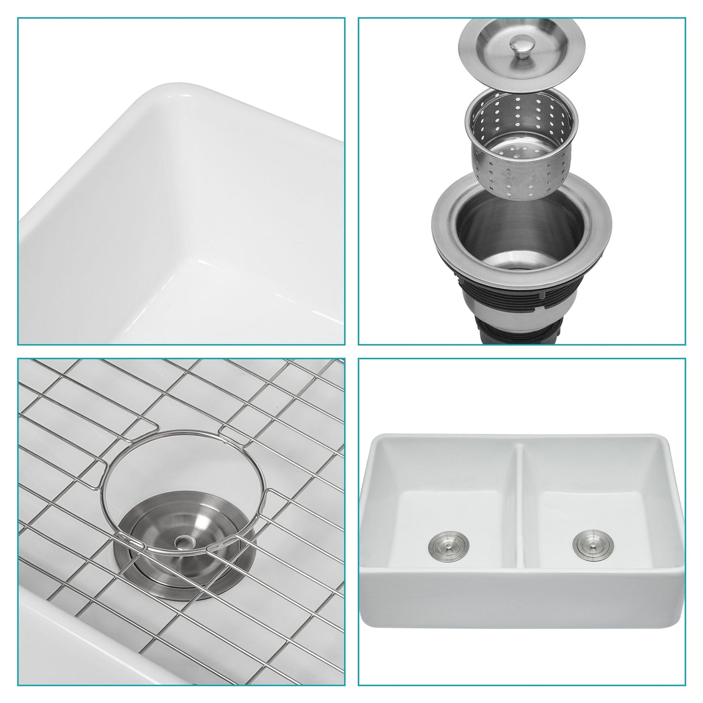 Double Bowl Apron Front Kitchen Sink 32", Sturdy And With Scratch Resistant - White