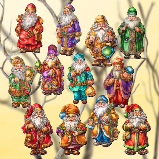 Colorful Santa Clip-On Eco Wood Decorative Ornaments Set of 12 by G. Debrekht - Christmas Decor - 8090050C-S12