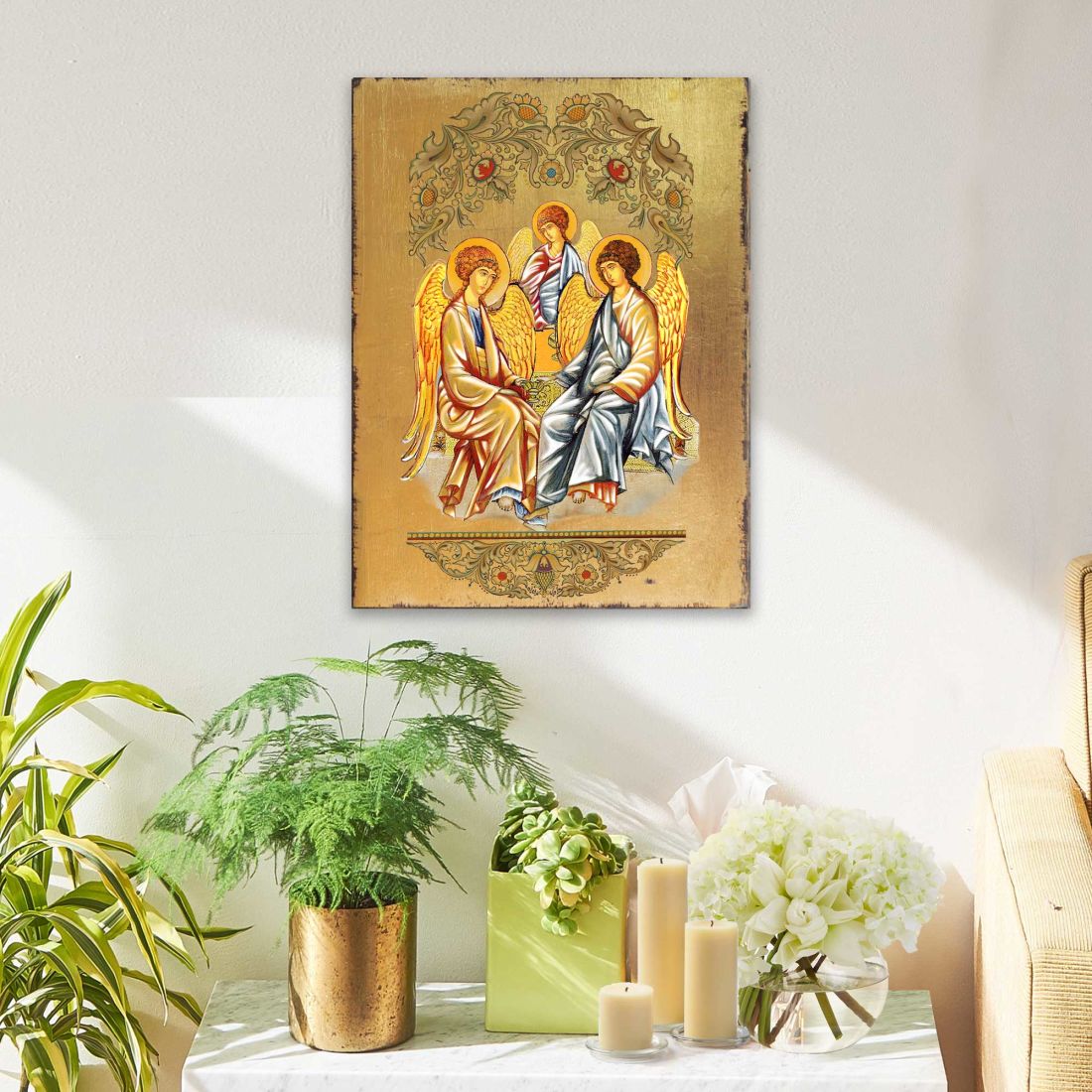 Old Testament Trinity Wooden Gold Plated Religious Orthodox Sacred Icon - Inspirational Icon Decor - 85015