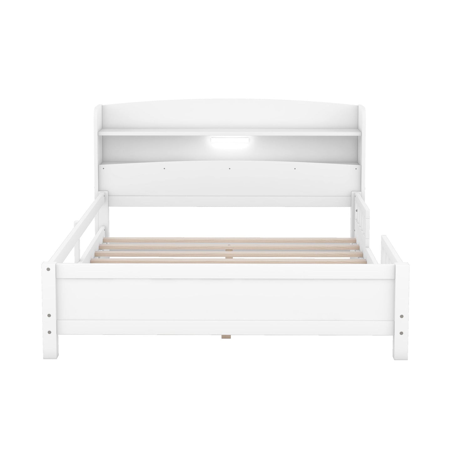 Wood Platform Bed With Built In LED Light, Storage Headboard And Guardrail