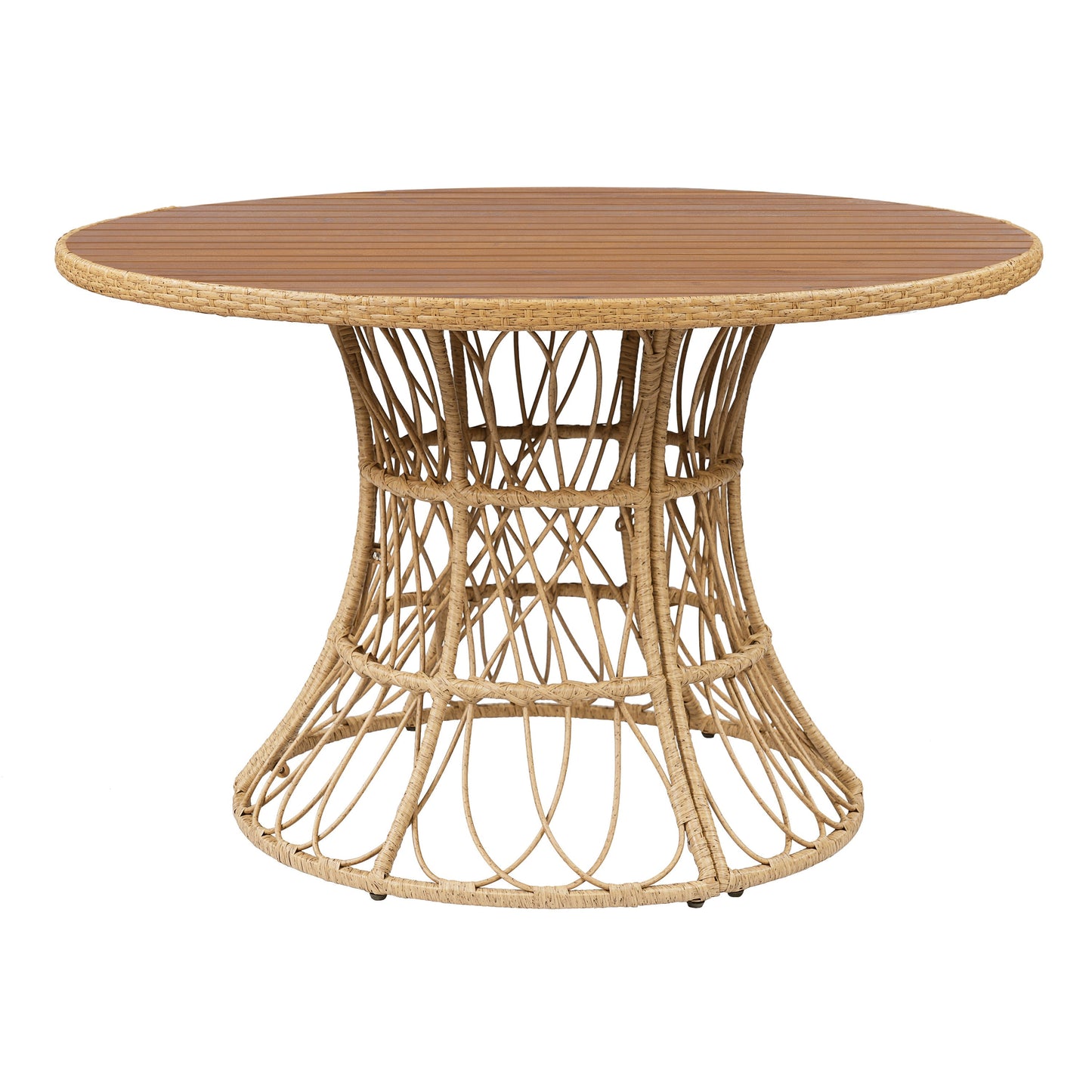 5-Piece Outdoor Dining Set: Teak Finish Round Acacia Wood Table & 4 Wicker Armchairs