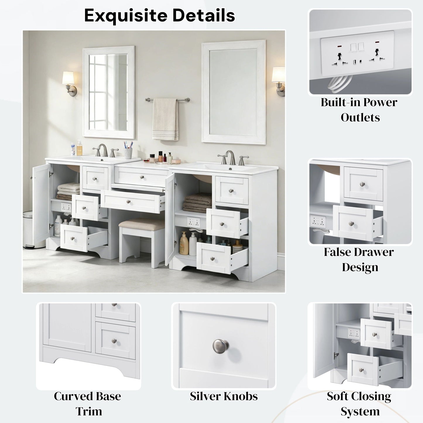 Double Sink Bathroom Vanity With Countertop, 2 Ceramic Sinks, 6 Drawers