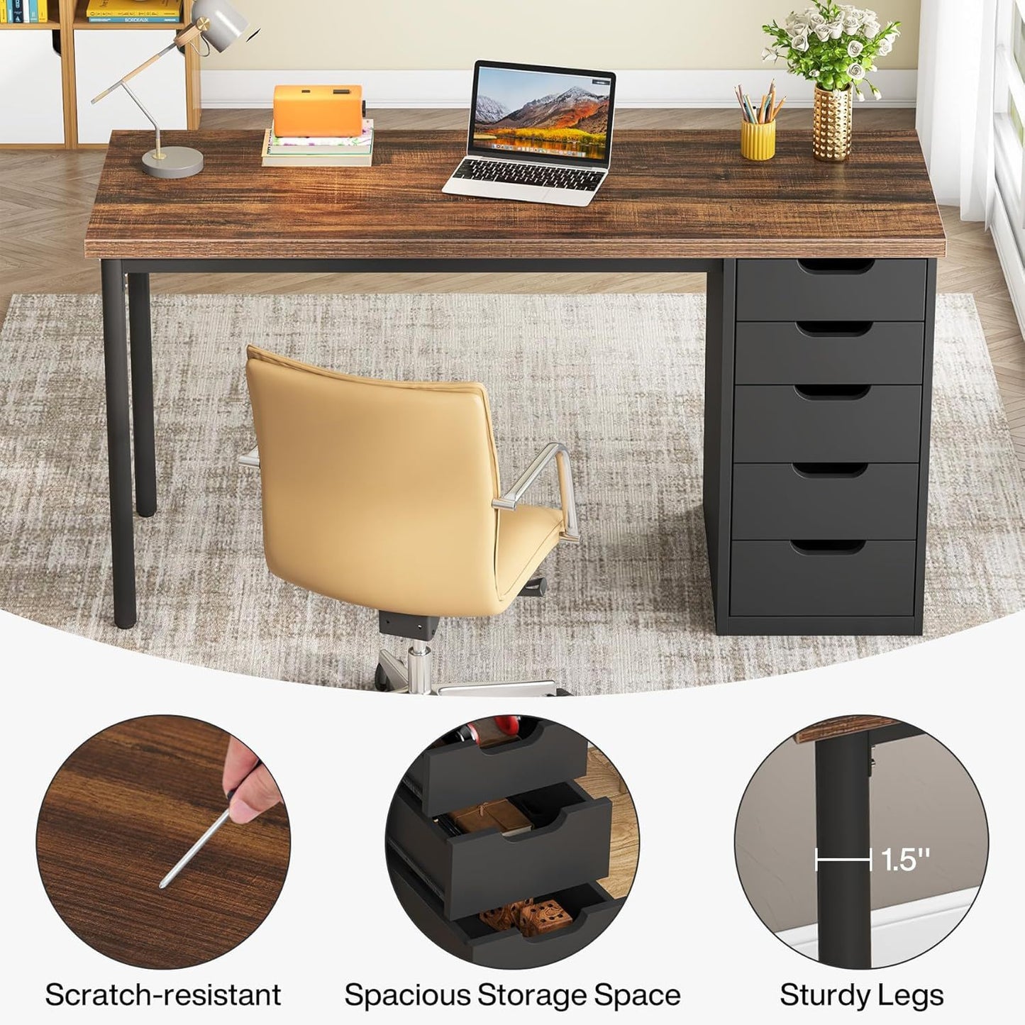 Computer Desk With 5 Drawers, Reversible Cabinet Design