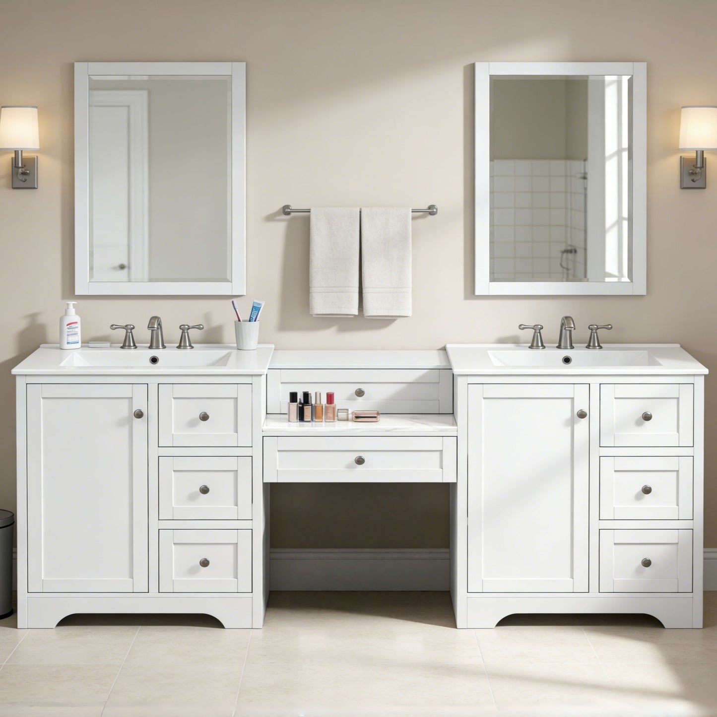 Double Sink Bathroom Vanity With Countertop, 2 Ceramic Sinks, 6 Drawers