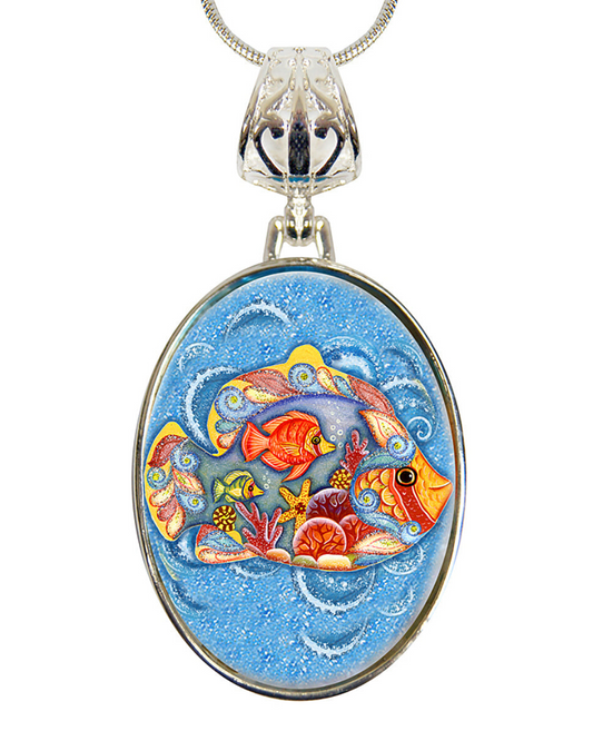 Fishy Family Silver Plated Mother of Pearl Jewelry Pendant Necklace Coastal - 44050