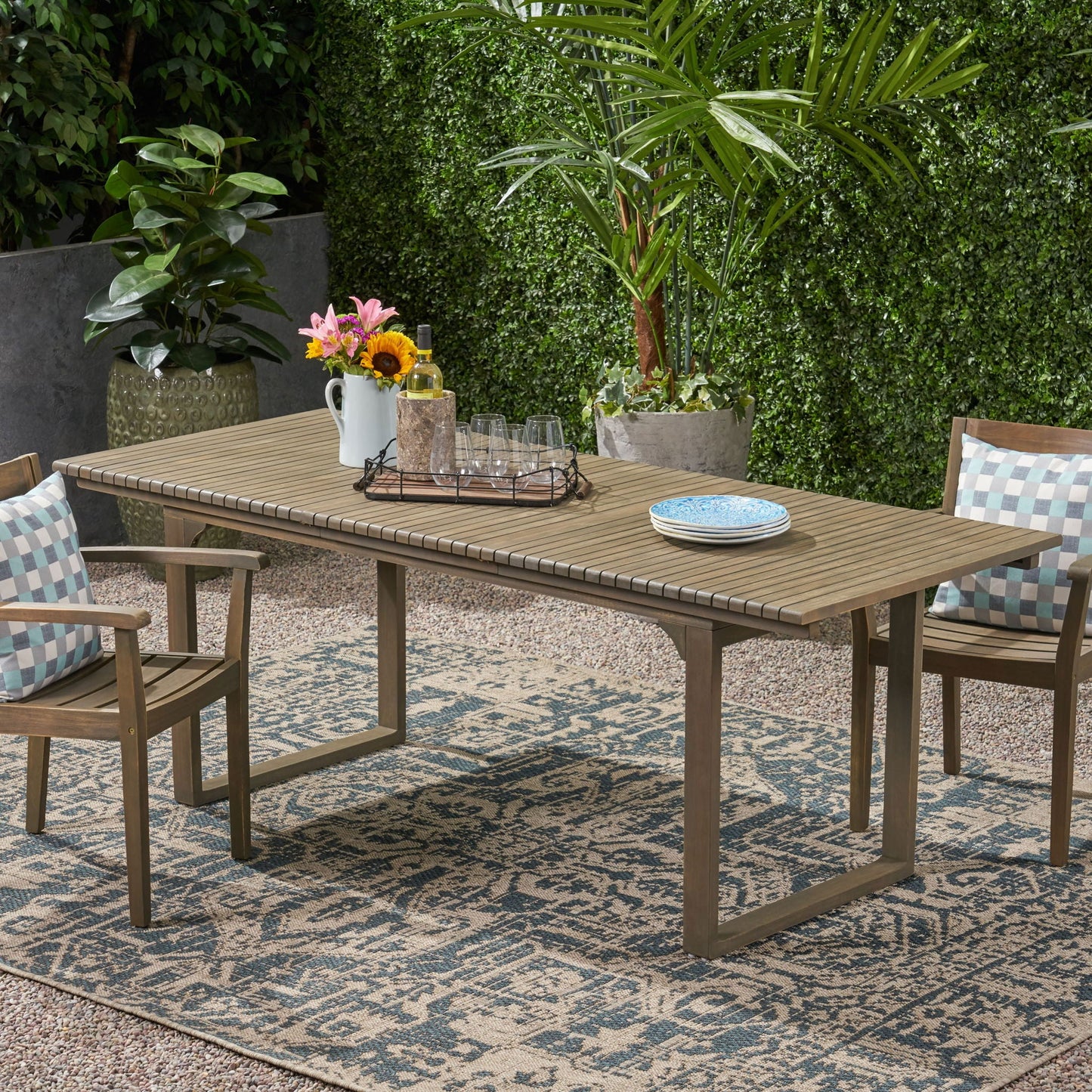 Outdoor Expandable Acacia Wood Dining Table With U-Shaped Leg