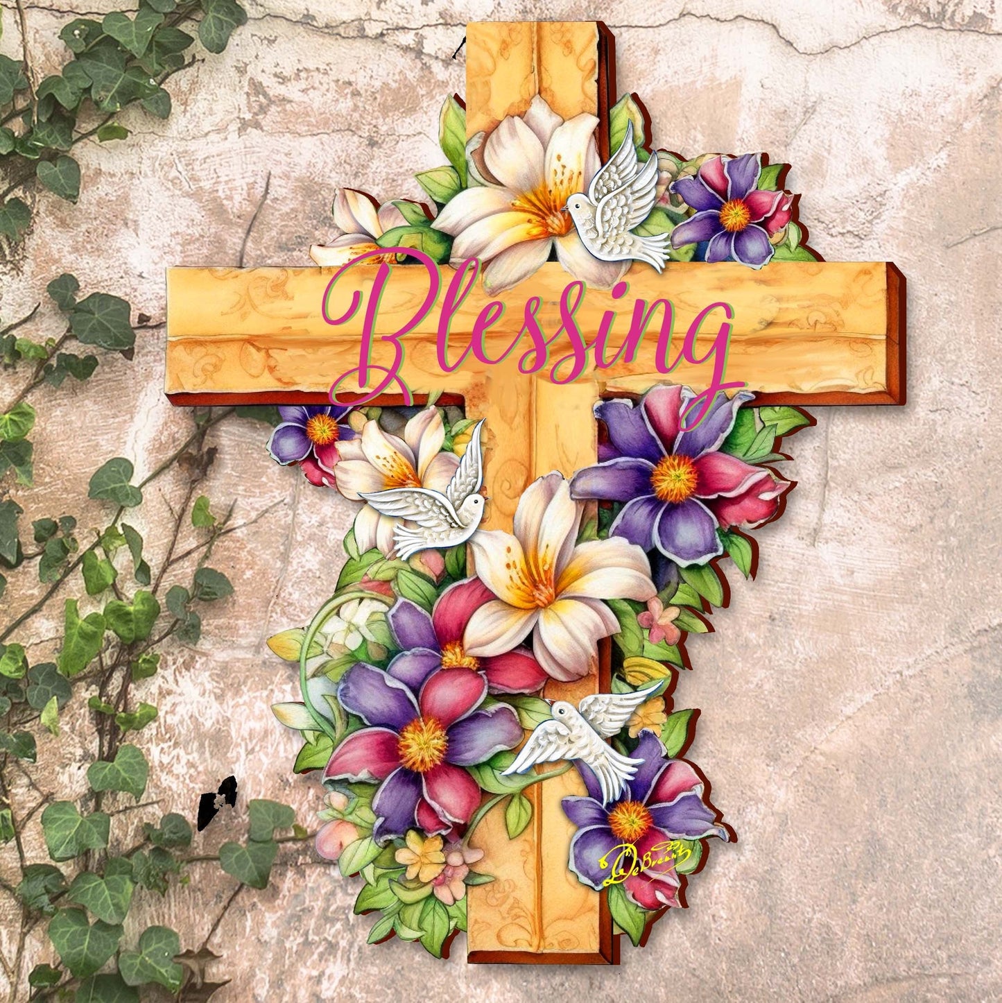 Floral Dove Blessing Wooden Cross by G. Debrekht - Easter Spring Decor - 88163