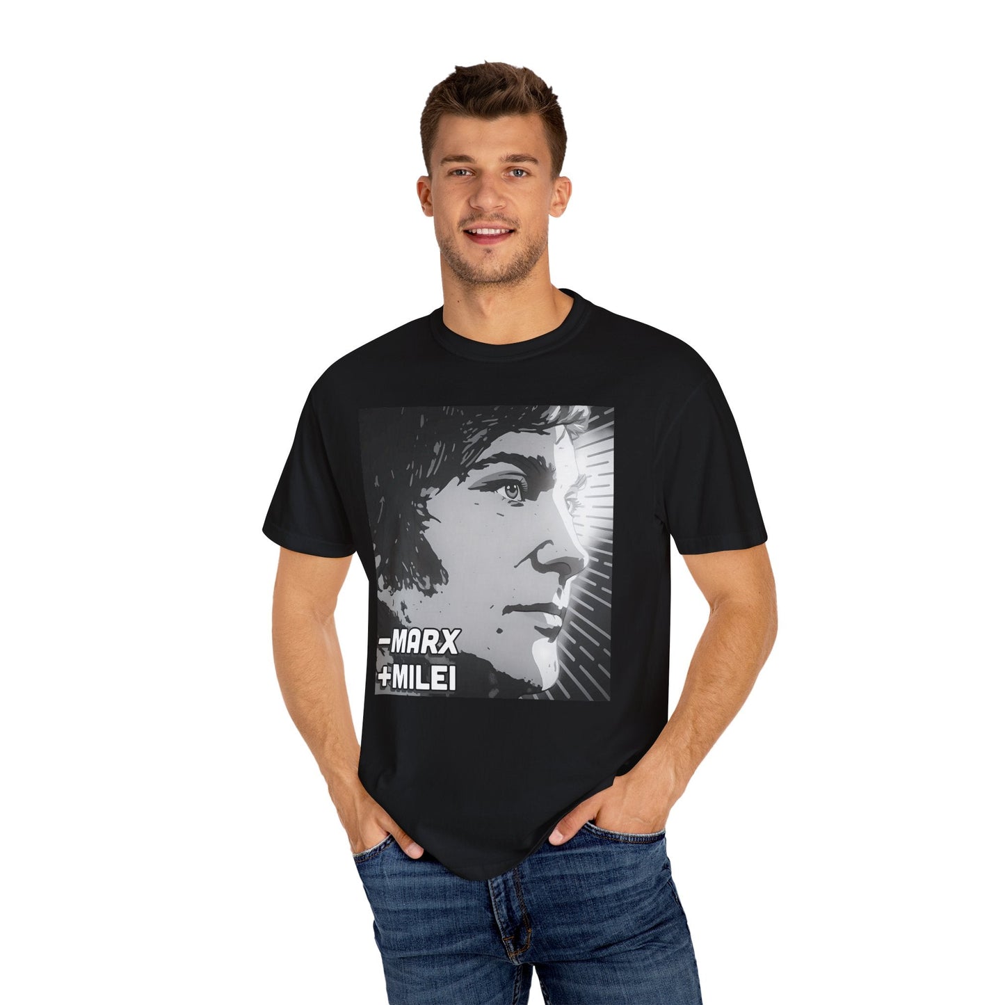 Less Marx, More Milei Icon of Liberty T-shirt - 4LibertyShop.com