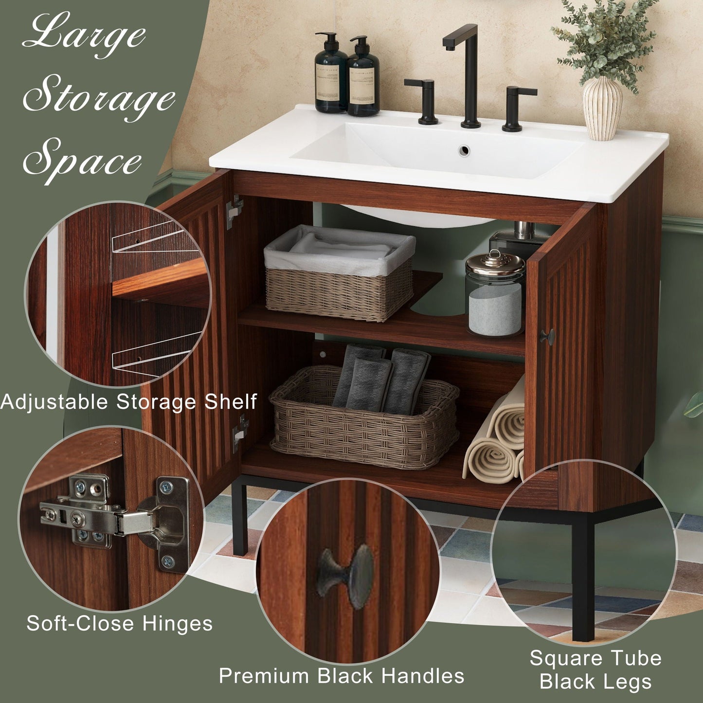 30" Vintage Bathroom Vanity With Ceramic Sink