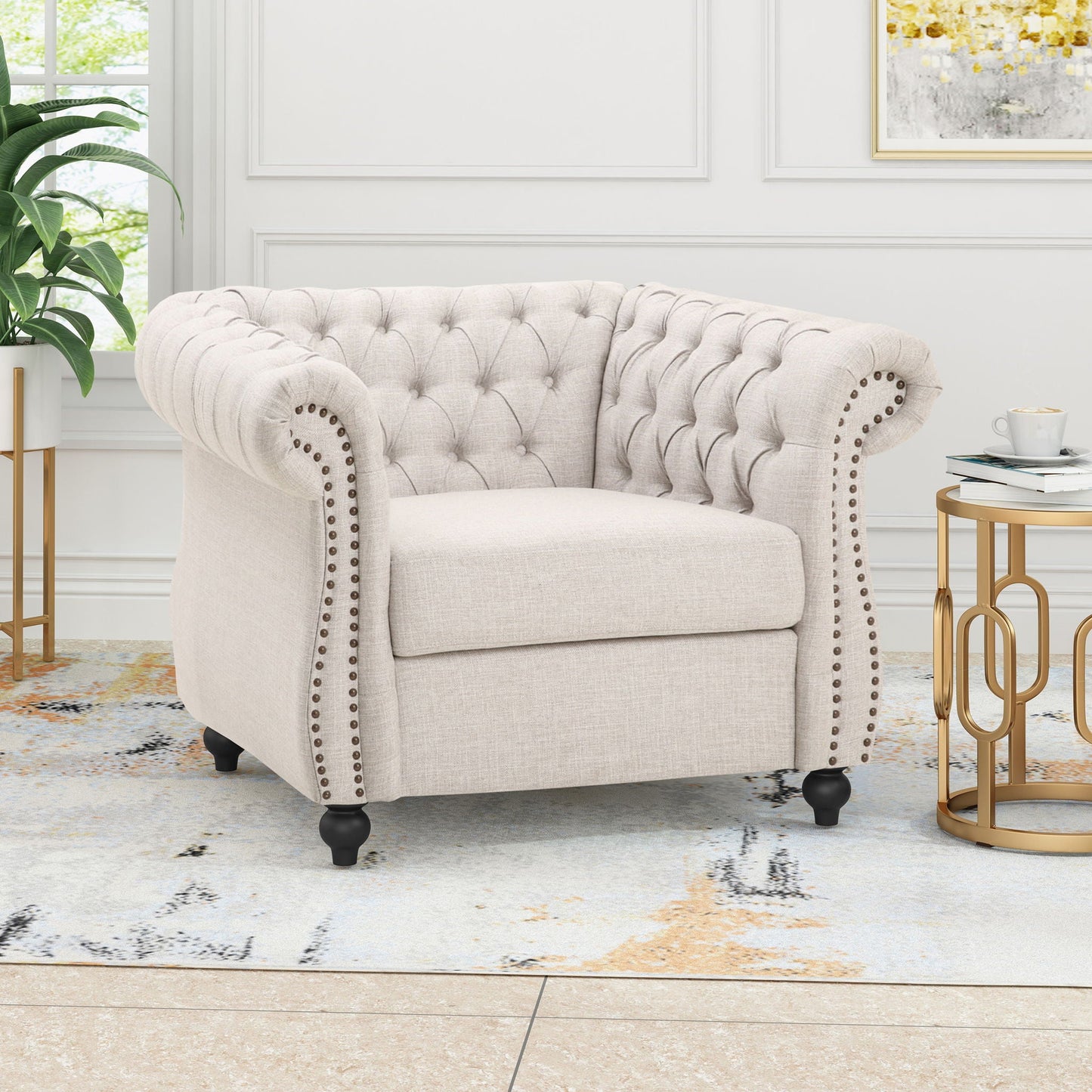 Nexuson Upholstered Chesterfield Chair With Deep Tufted And Nailhead Trim