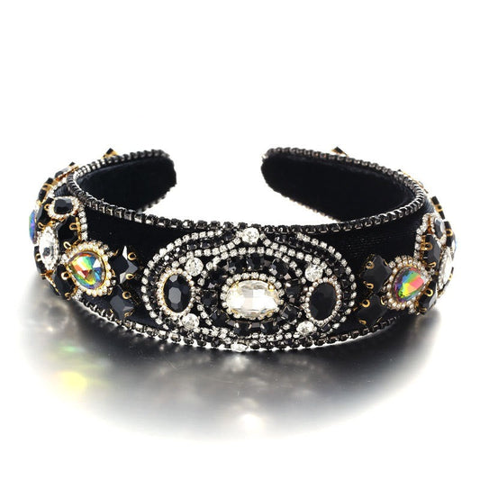 Fashionable Baroque Retro Inlaid Colored Water Diamond Sponge Head Hoop
