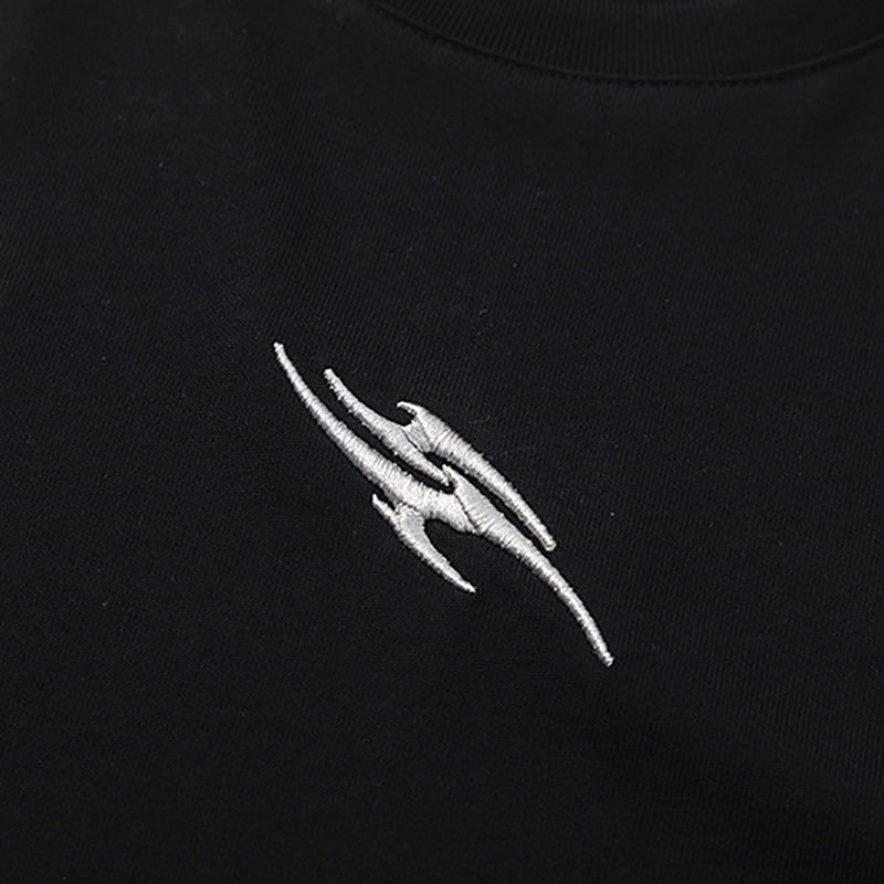 Color Block Applique Embroidery Flame Short Sleeve T-Shirt High Street Design Creative Abstract Casual Tee Men