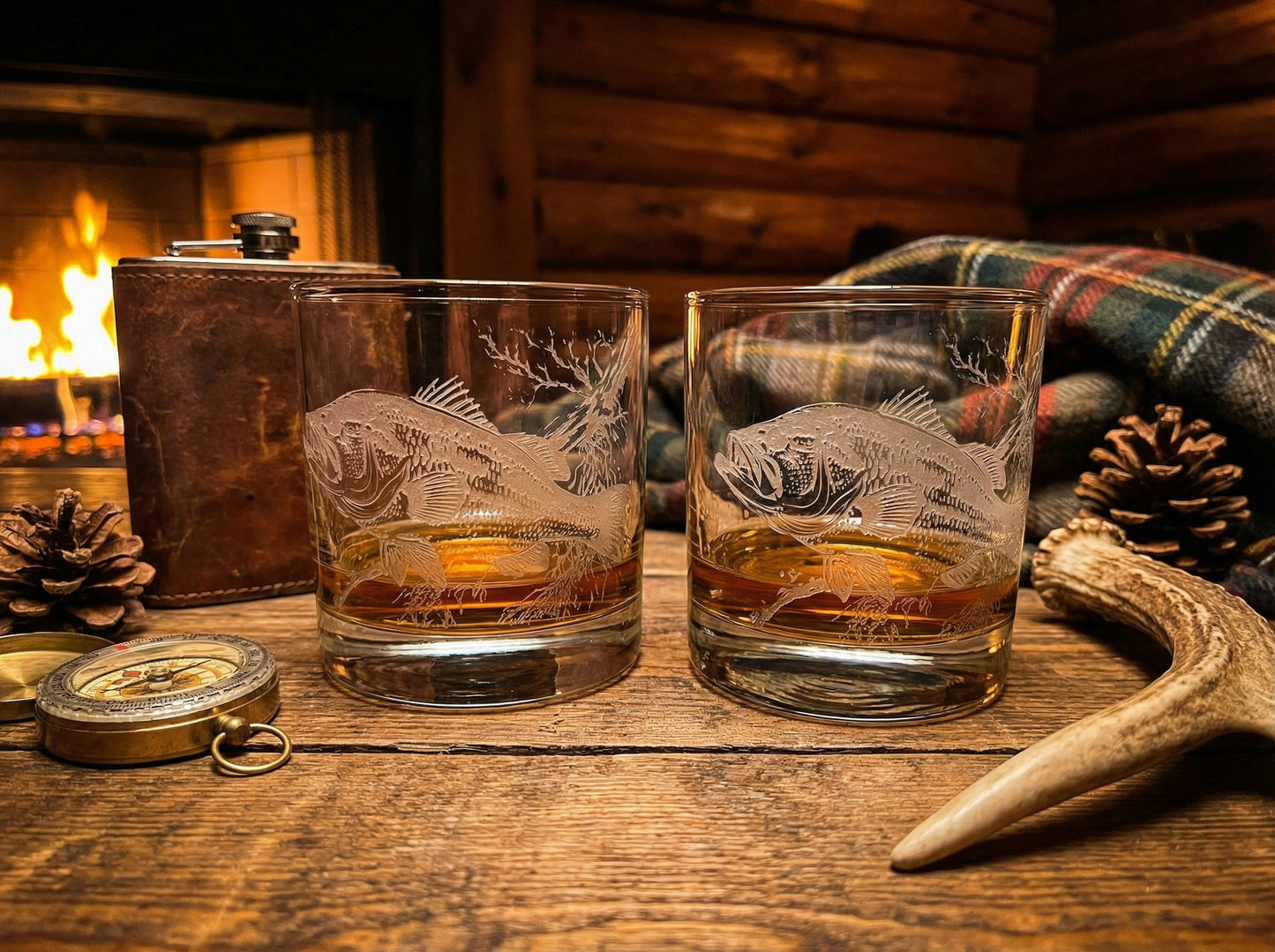 Bass Sand Carved Etched Old Fashion Glasses Set of 2