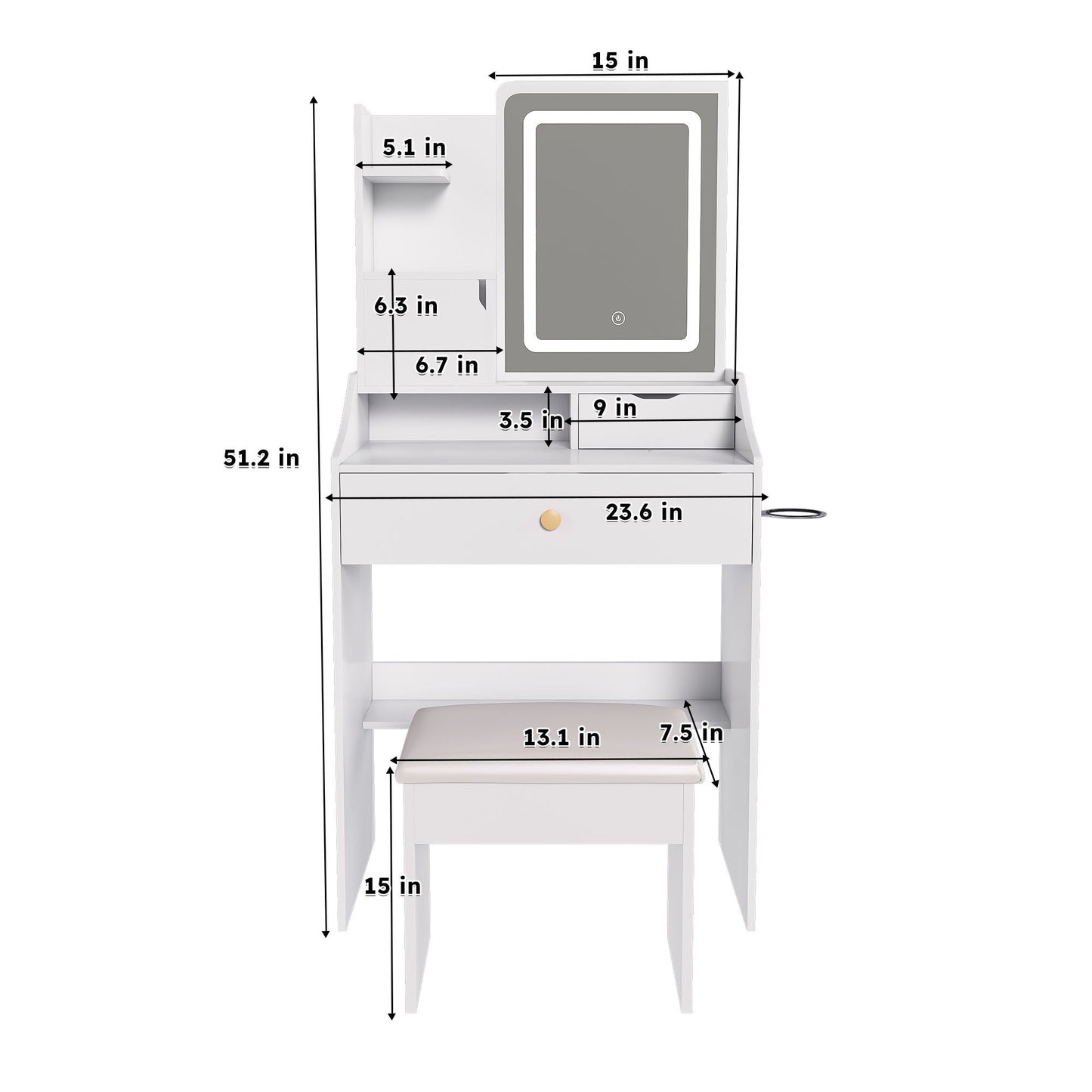 LED Vanity Mirror With Stool, 2 Drawers & 5 Storage Cabinets, Adjustable Lighting Mdf Dressing Table For Bedroom - White