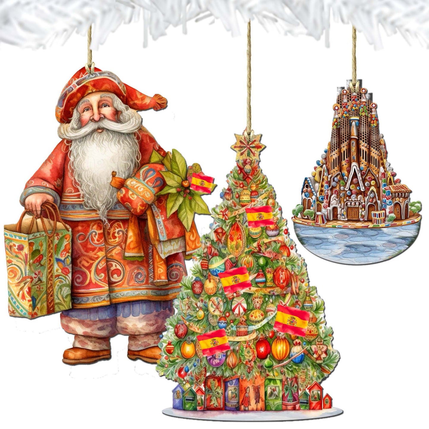 Santas Around the World - Spanish Inspired Santa - Eco Wood Ornaments Set of 3 by G. DeBrekht Christmas Santa Snowman Decor - 8091305S3