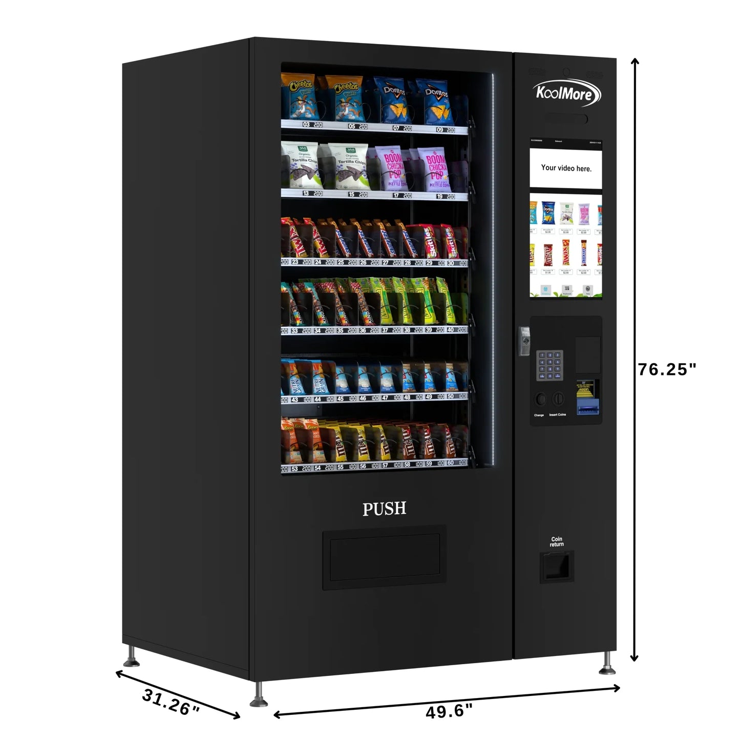 Kool More 50 in. 60-Slot Snack Vending Machine with 22-inch Touch Screen in Black, Non-Refrigerated.