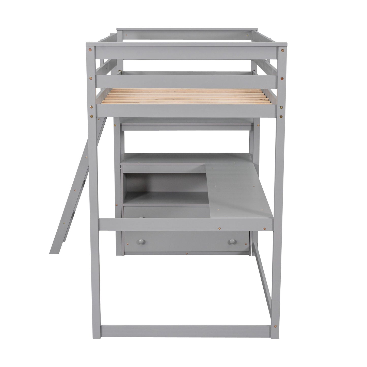 Modern Loft Bed With Built In Desk, Shelves, And 2 Drawers
