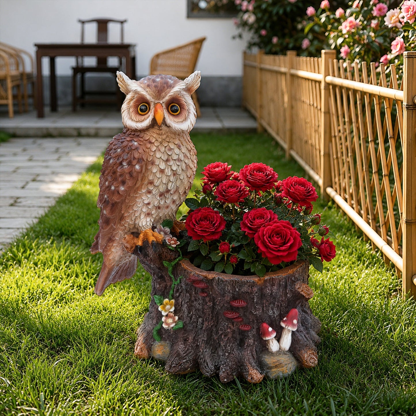 Sitting Owl with Tree Trunk Garden Planter