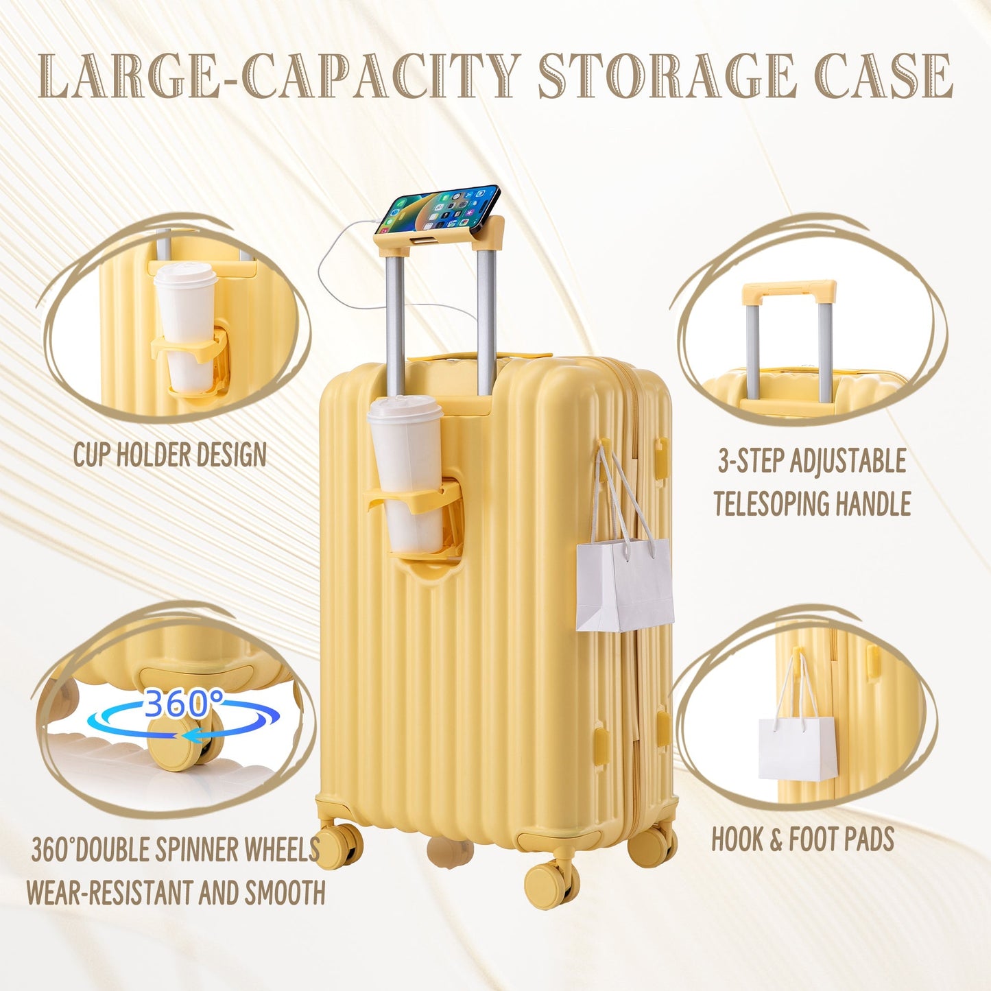 20/24/28 ABS Spinner Wheel Luggage Set with USB Port & Cup Holder