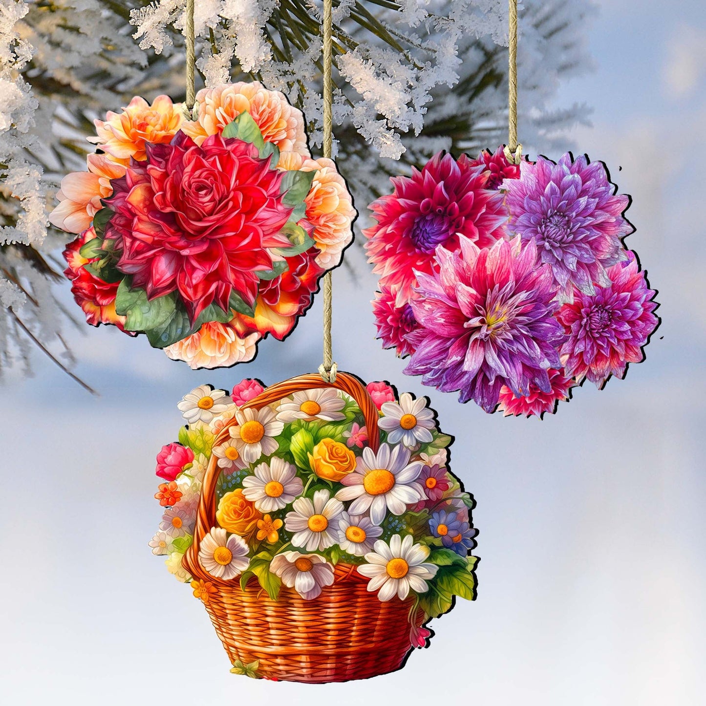 Flower Bouquets Decorative Eco Wood Ornaments Set of 3 by G. Debrekht - Love Family Decor - 8091076-2-S3