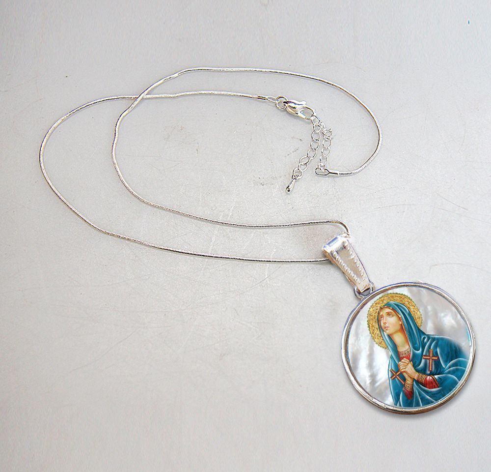 Mother of God Praying Silver Plated Mother of Pearl Necklace - 43014