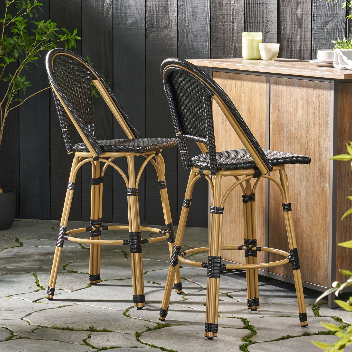 Outdoor Rattan And Aluminum French Barstools (Set of 2)
