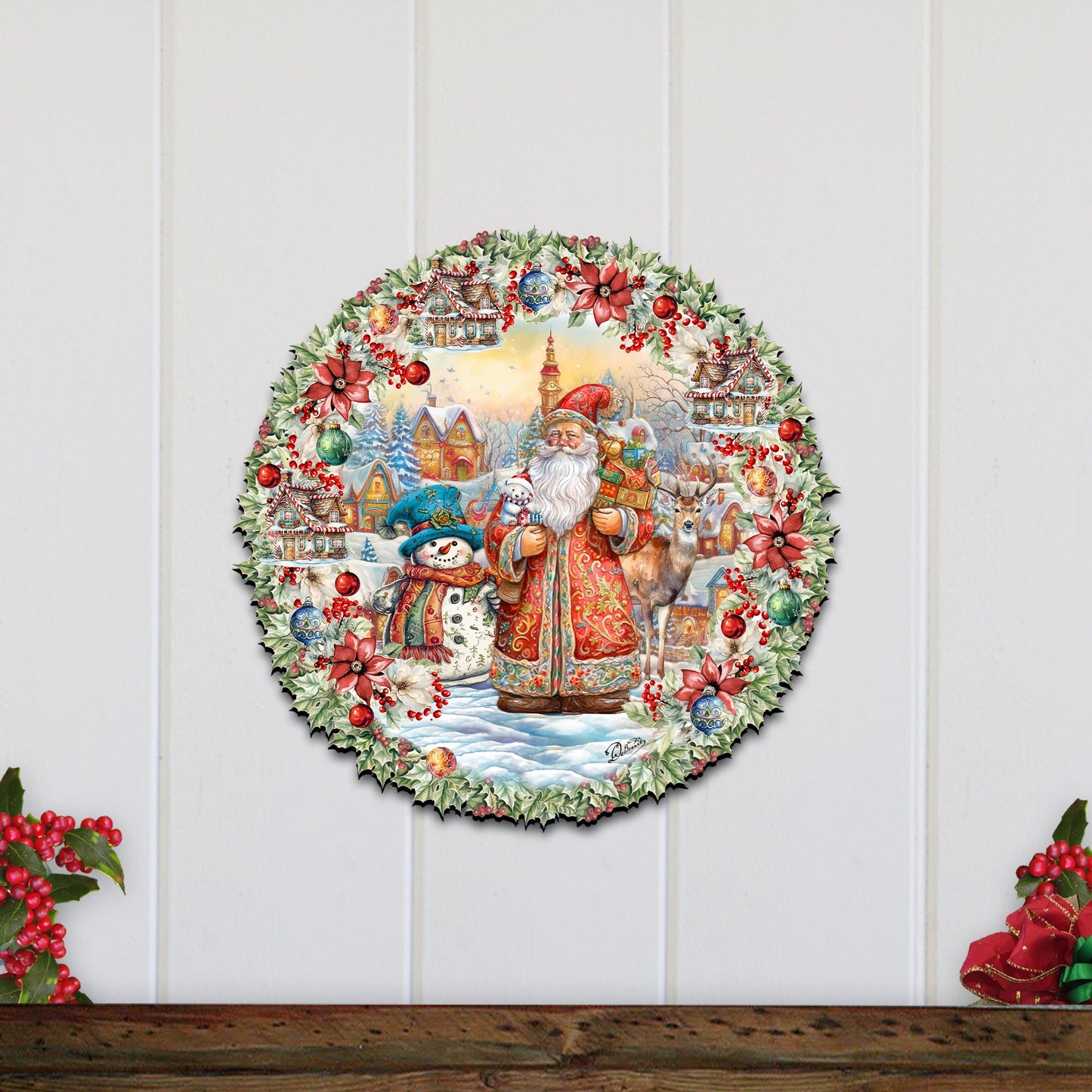 Merry Christmas Wreath Holiday Door Decor by G. Debrekht - Christmas Santa Snowman Decor - 8611069H