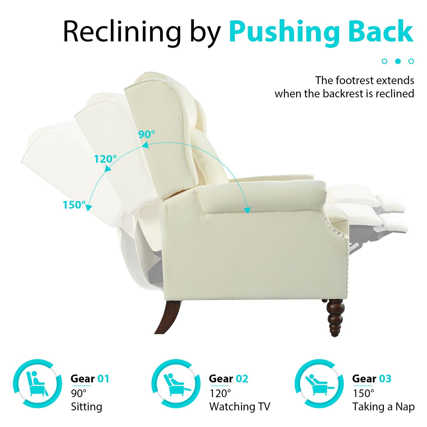 Push Back Recliner Chair Upholstered With Classic Wing Back And Solid Gourd-Shaped Legs