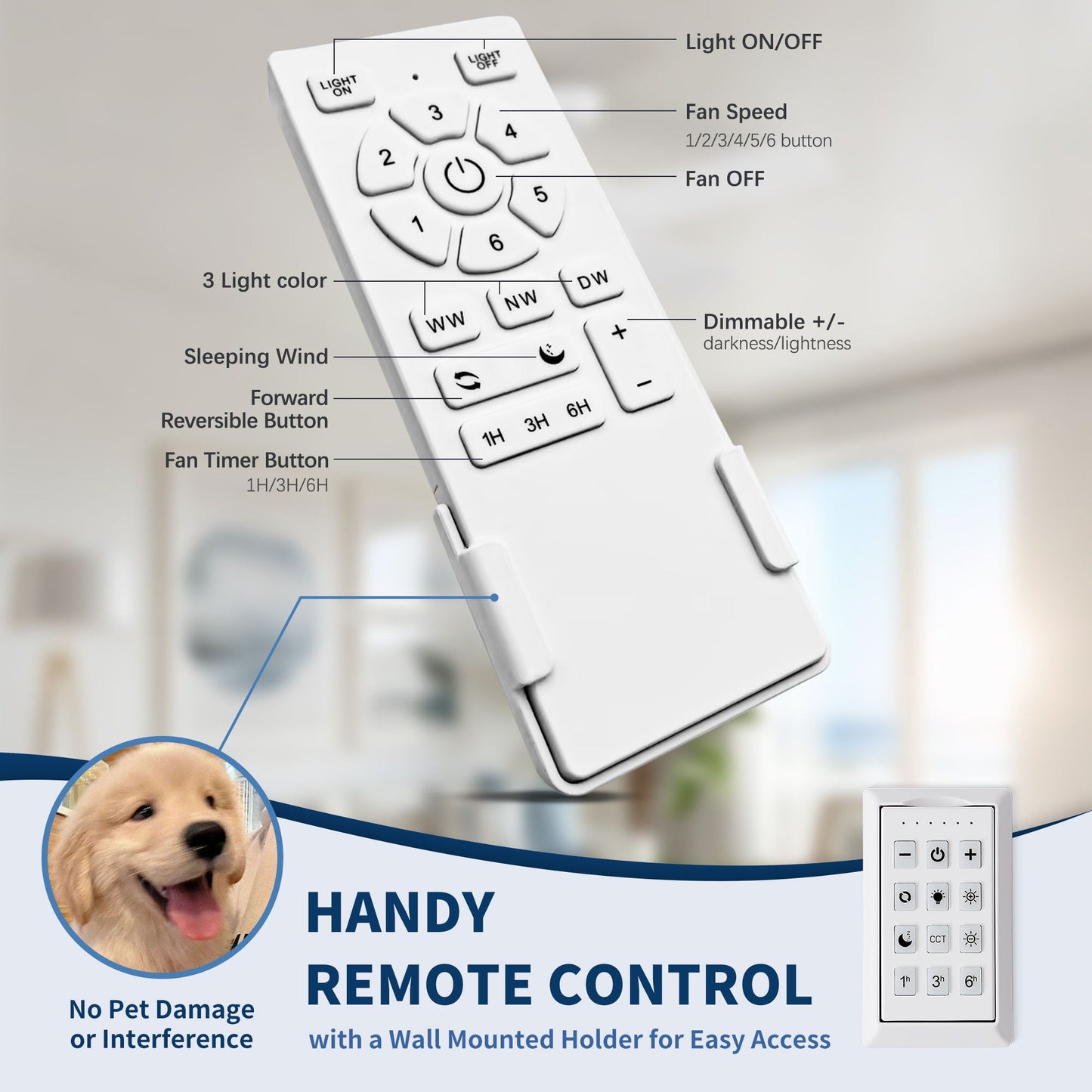 Ceiling Fan With Remote Control, Reversible DC Motor, 6 Speeds, 3 Dimmable LED, Quiet Timer For Indoor - White