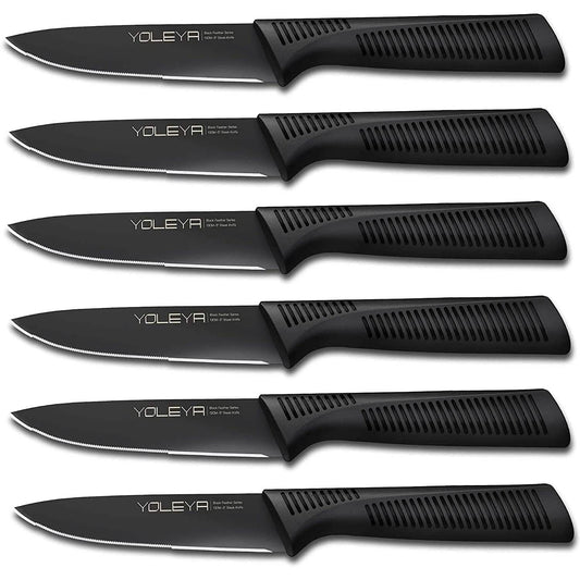 6-Pieces Set: YOLEYA High Carbon German Stainless Steel Black Serrated Steak Knife Set