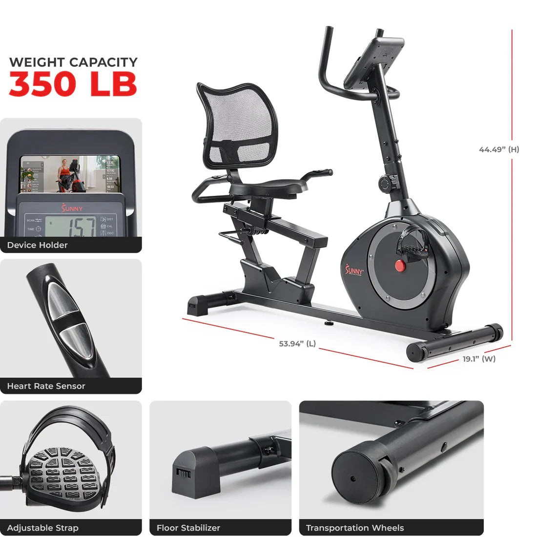 Smart Programmable 16 Levels Resistance Recumbent Exercise Bike by Sunny Health & Fitness