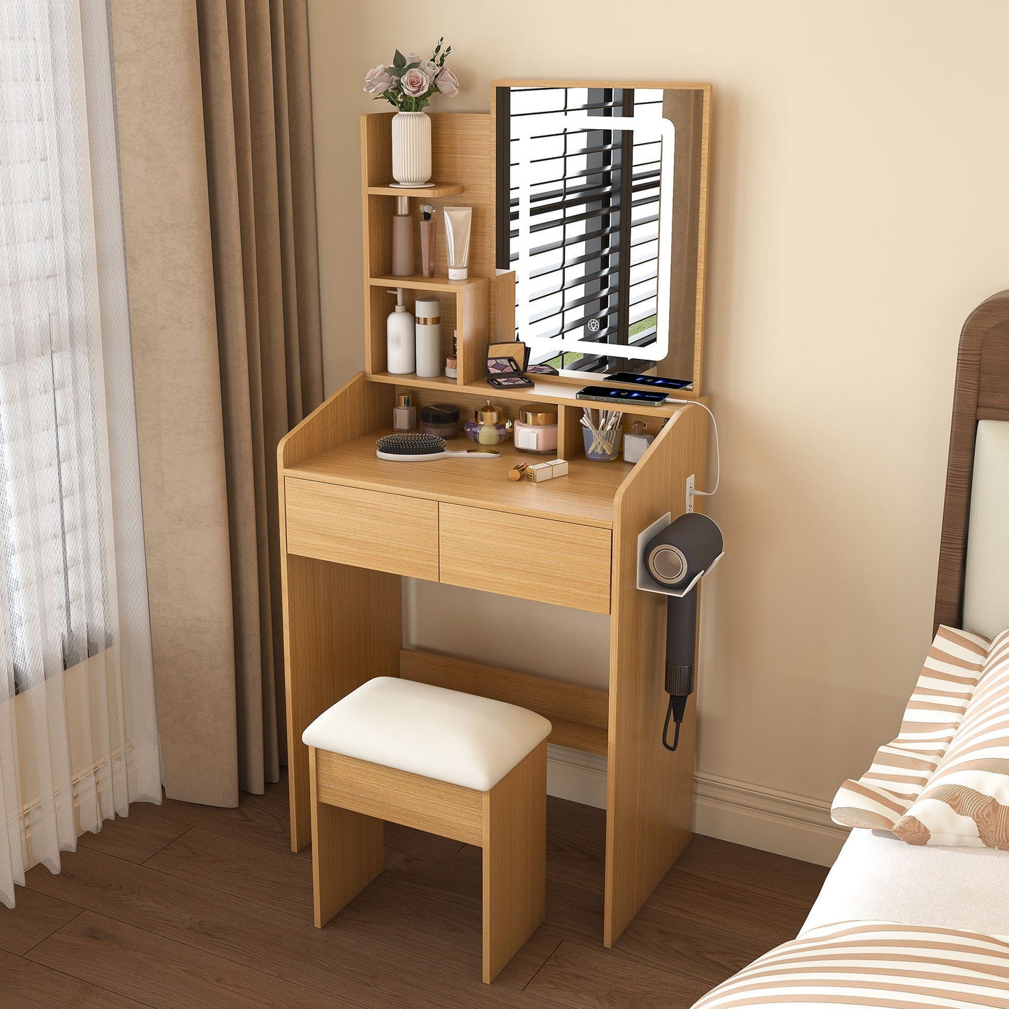 Vanity Table With LED Mirror, Power Outlet, Hairdryer Holder & Padded Stool