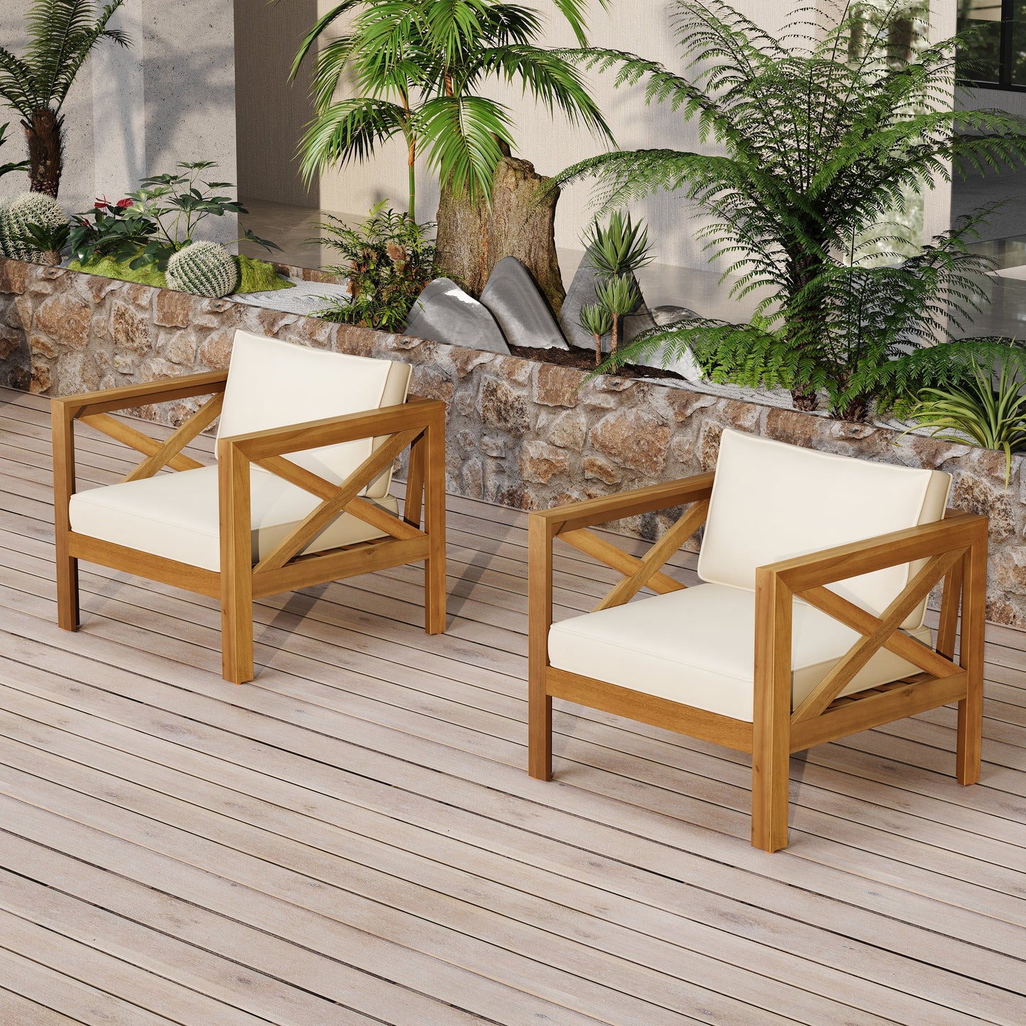 Patio Conversation Set with Acacia Wood Armchairs and End Table