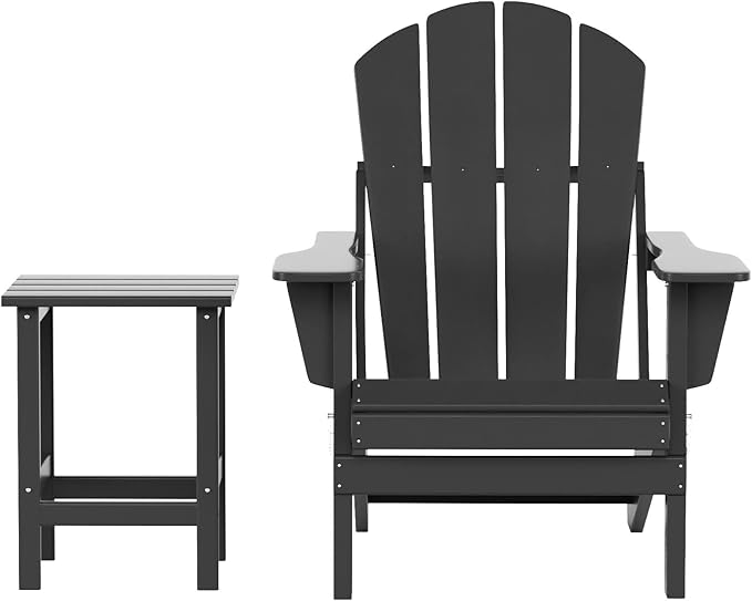 WO Home Furniture Adirondack Chair Table Set of 2 PCS Outdoor Folding Chair w Side Table Weather/UV Resistant for Lawn, Garden, Bon Fire, Balcony (Grey)