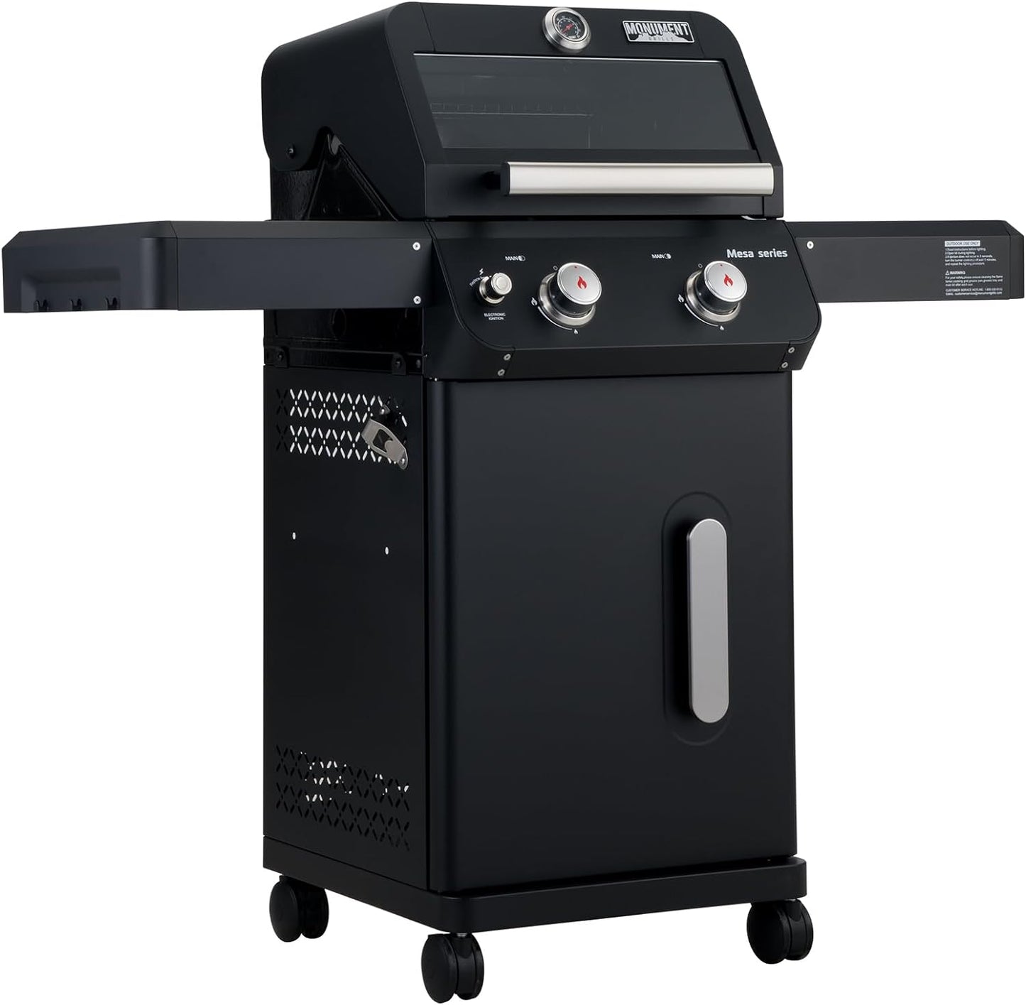 Monument Grills 2-Burner Stainless Steel Liquid Propane Gas Grill, Two Foldable Shelves Patio Garden Barbecue Grill with Clearview® Lid, Knob Control Mesa220, Black