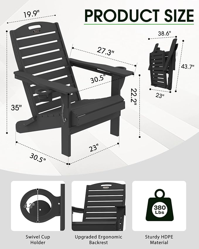 Adirondack Chairs Set of 4, Outdoor Fire Pit Chairs, HDPE All-Weather Adirondack Chairs with Cup Holder, Lawn Chair for Deck, Patio, Garden (Black)