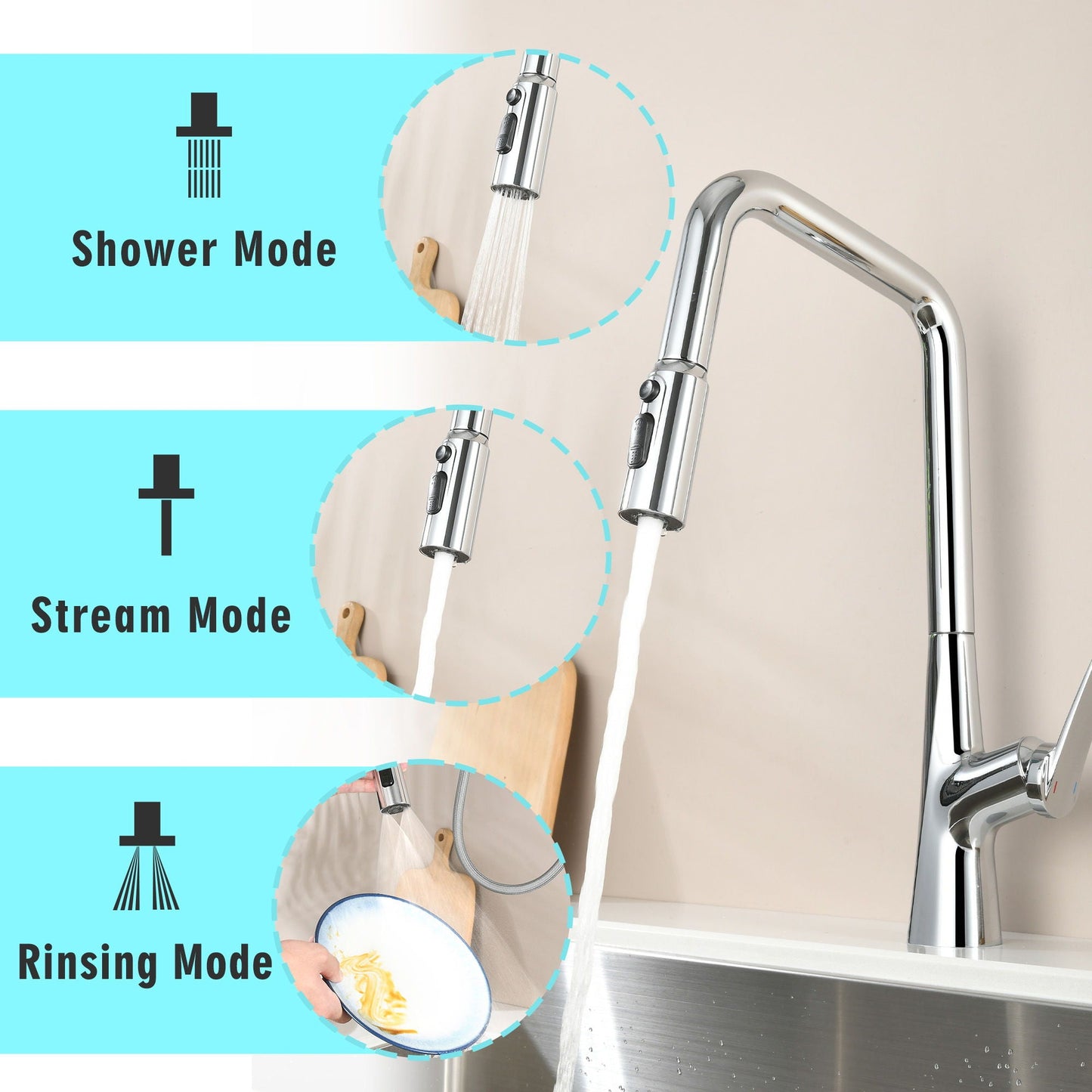 Professional Kitchen Faucet With 3 Function 360 Sprayer And 1 Touch Switching