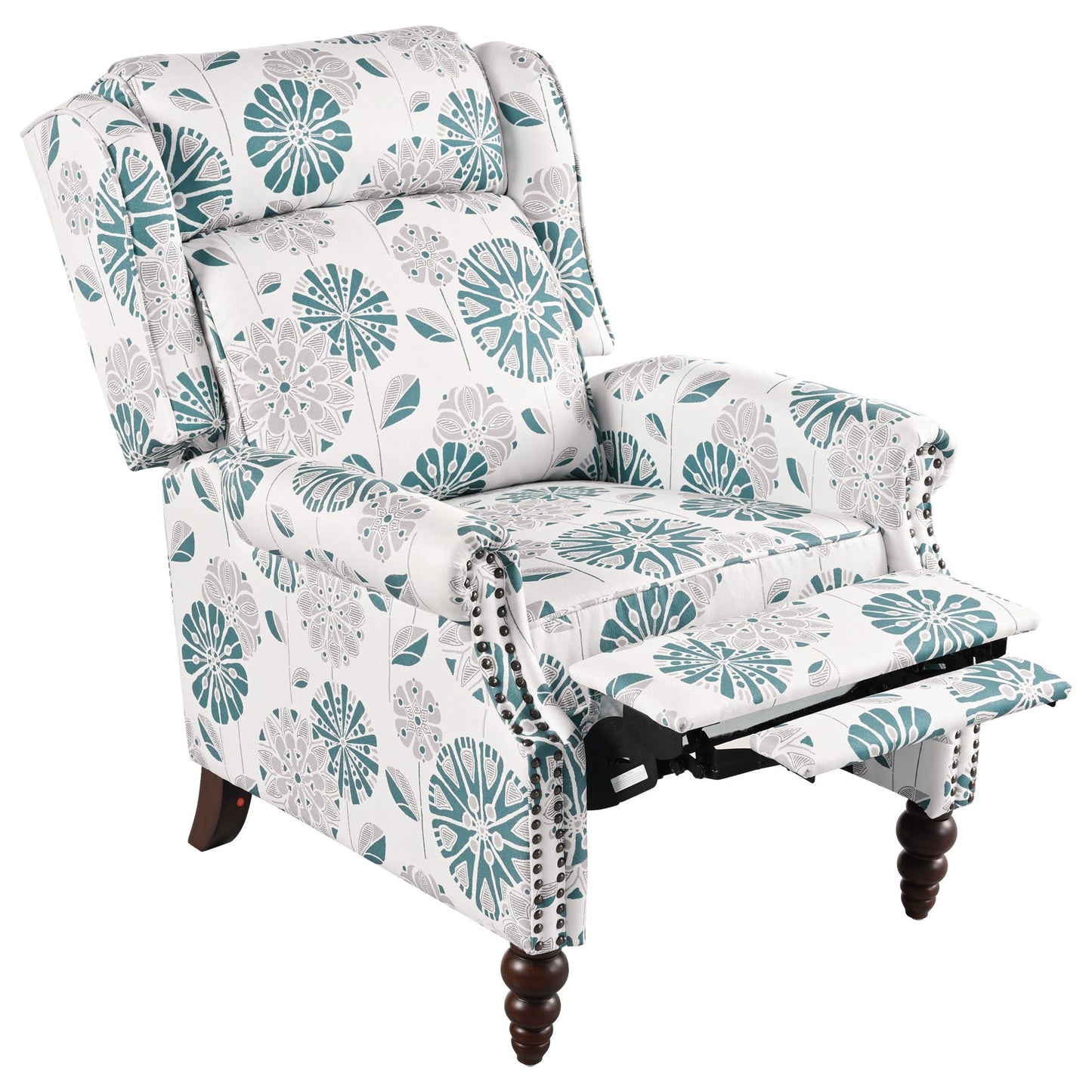 Push Back Recliner Chair Upholstered With Classic Wing Back And Solid Gourd-Shaped Legs