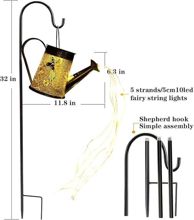 Morestar Solar Garden Fairy Lights Decorative Outdoor(Warm White),Solar Watering Can Hummingbird Lights,Metal Waterproof Hanging Solar Lantern,Christmas Gift for Mom Grandmom for Patio Yard Lawn Decor