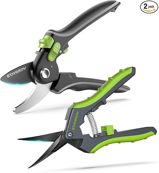 Pruning Shears for Gardening 2 Pack, 8.5" Bypass Garden Clippers and 6.5" Curved Gardening Shears, Pruners with Super Sharp Stainless Steel Blades, Safety Lock, Gardening Gifts for Men Women