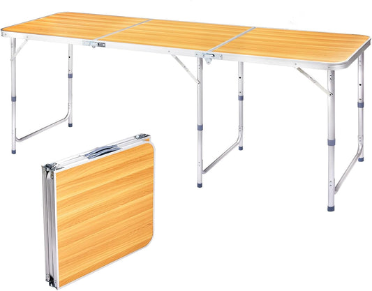 Outvita 6ft Portable Folding Camping Table, Outdoor Waterproof Adjustable Height Table, Aluminum Lightweight Suitcase Foldable Table for Picnic BBQ Beach Dining