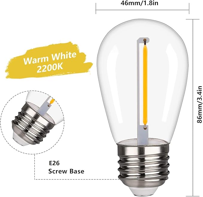 48 Pack S14 LED String Light Bulbs, 1W Shatterproof & Waterproof Outdoor Indoor Replacement Bulbs, E26 Base Edison LED Light Bulbs Warm White 2200K. (S14 48Pack)